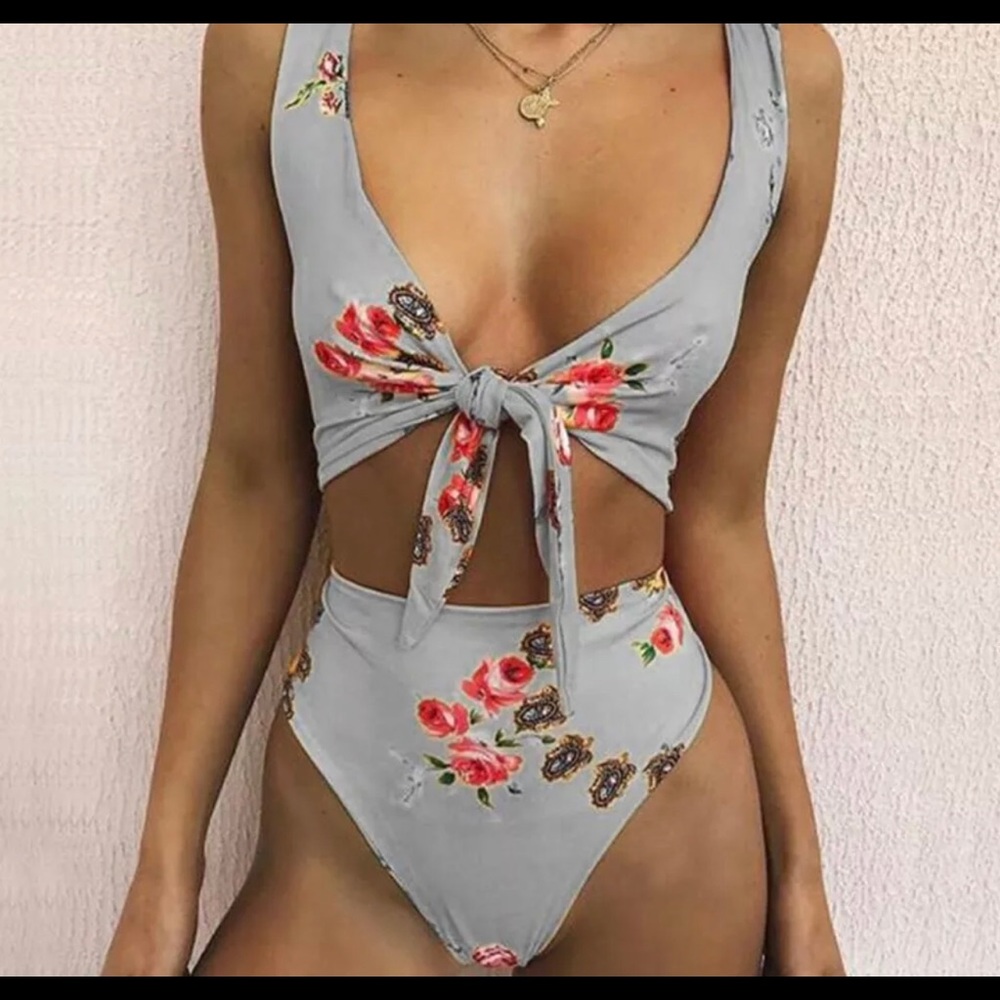 NWOT high waist cheeky floral bikini swimsuit grey